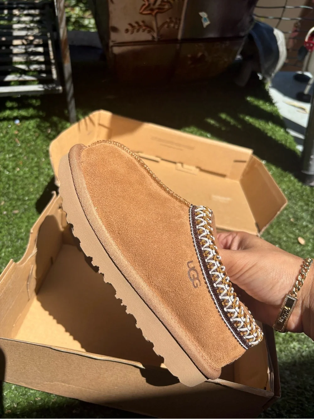 UGG Chestnut Suede Slip-On Mule with Braided Trim